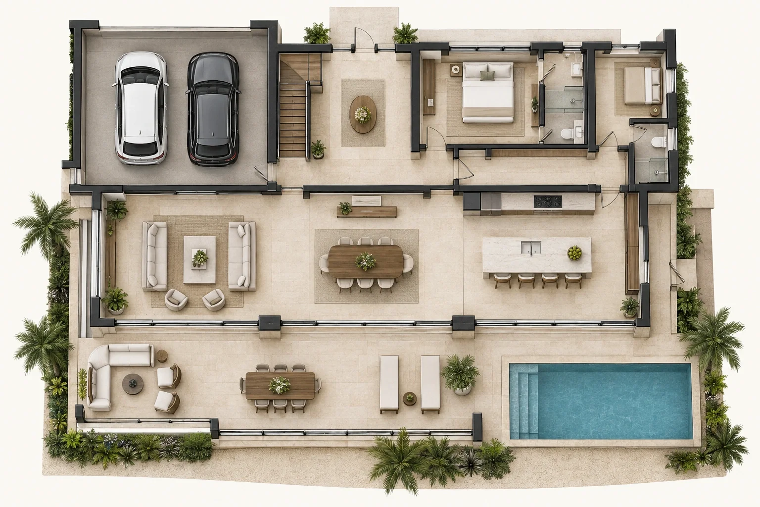 Ground-floor layout showing the living room, kitchen, terrace and pool