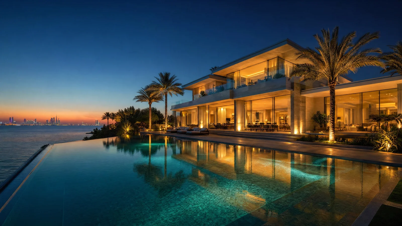 A contemporary Palm Jumeirah villa, with an infinity pool overlooking the sea at dusk