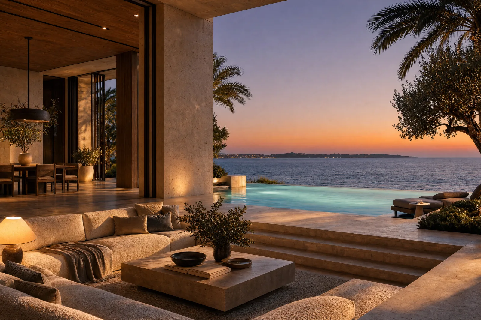 A waterfront villa opening onto a pool terrace at dusk